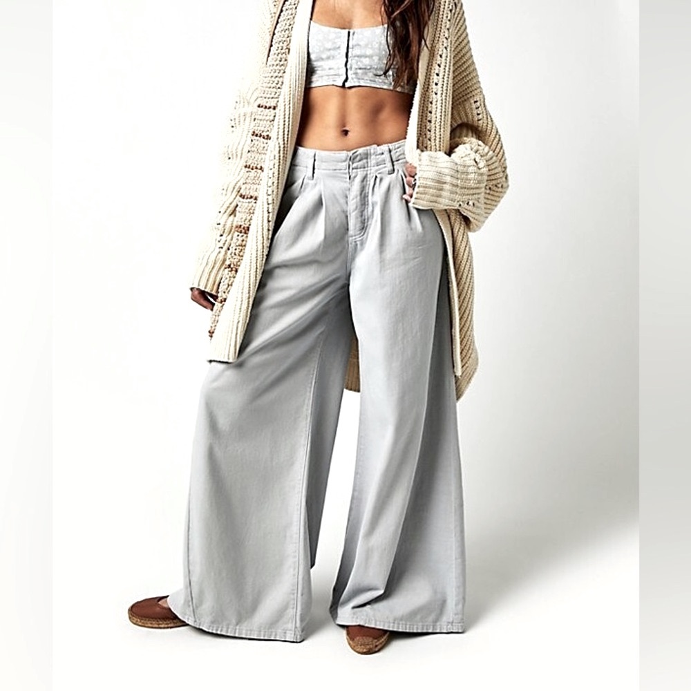 Free People Light Gray Wide-Leg High-Waist Pants